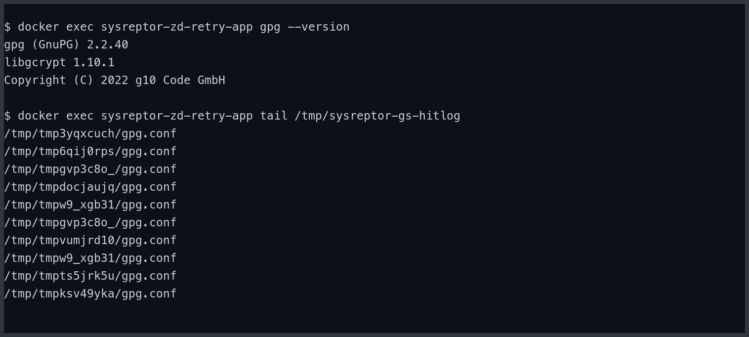 GnuPG version from the vulnerable container and the Ghostscript hit log confirming that gpg.conf was planted in a temporary GnuPG home