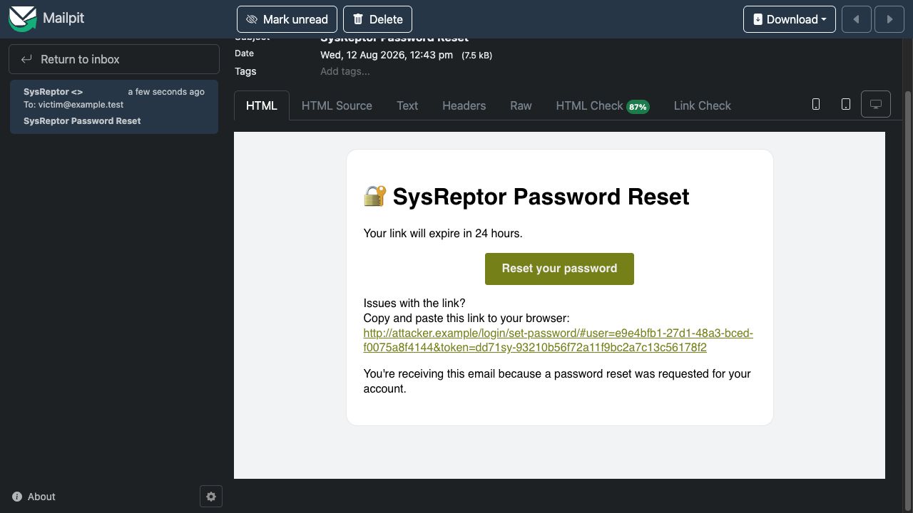 The genuine SysReptor password-reset email displayed in a local mailbox, with its reset link pointing to attacker.example