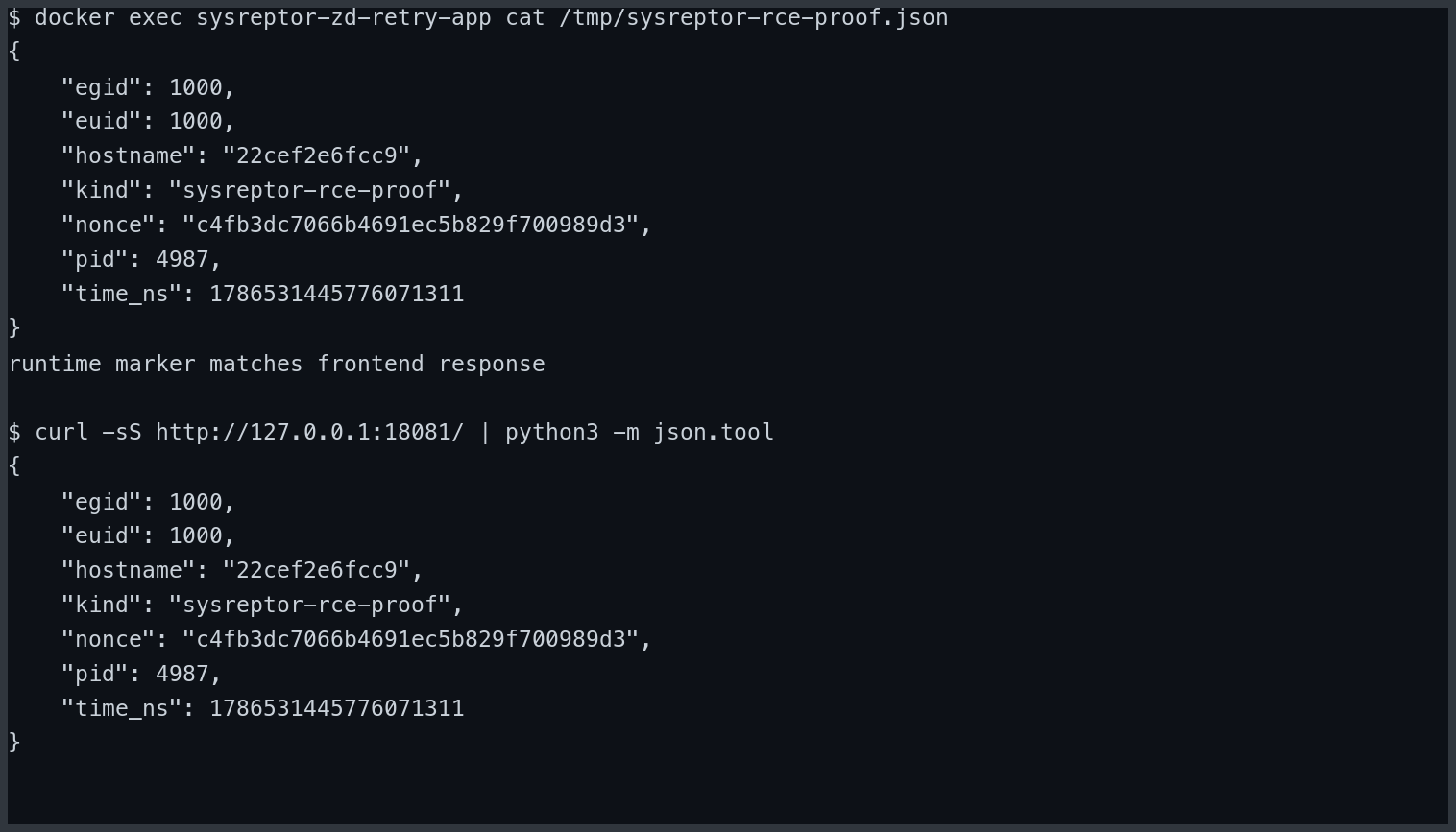 Matching in-container runtime marker and unauthenticated HTTP response proving execution as UID 1000